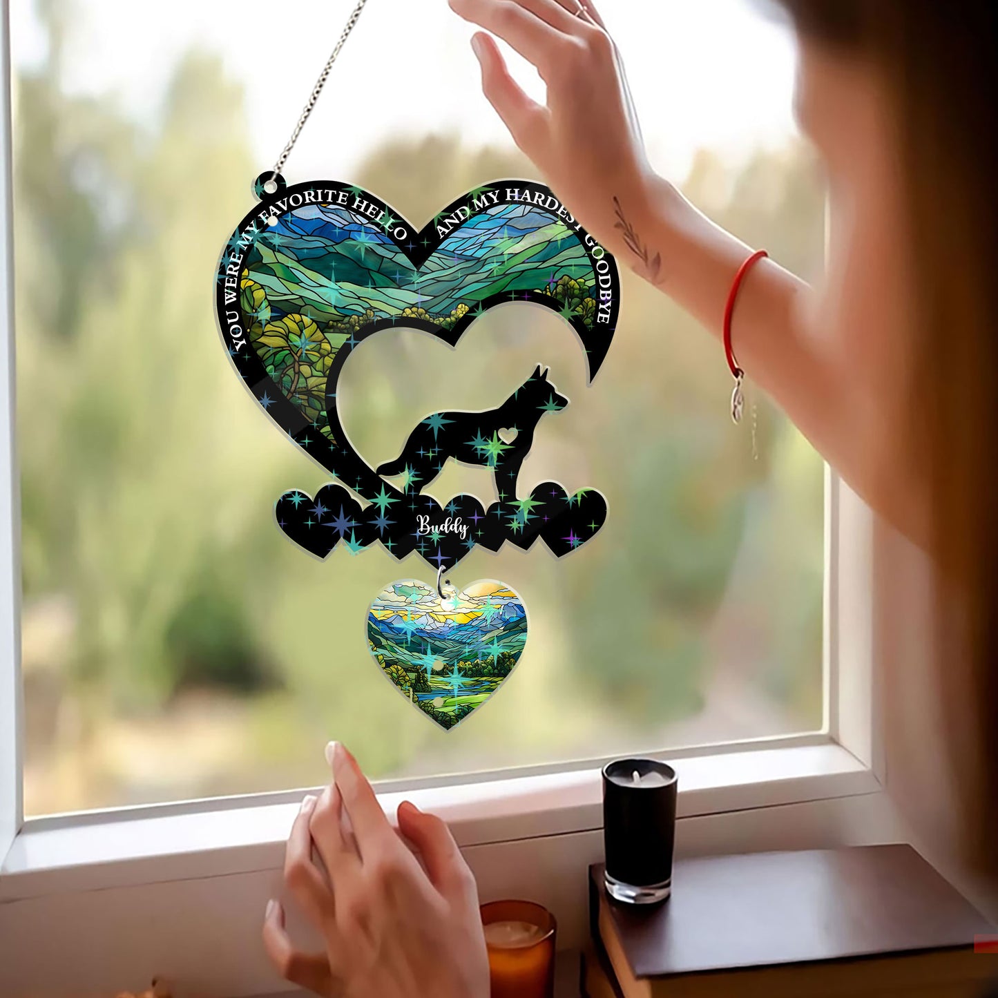 Personalized "My Favorite Hello, Hardest Goodbye" custom shape hologram window decor.