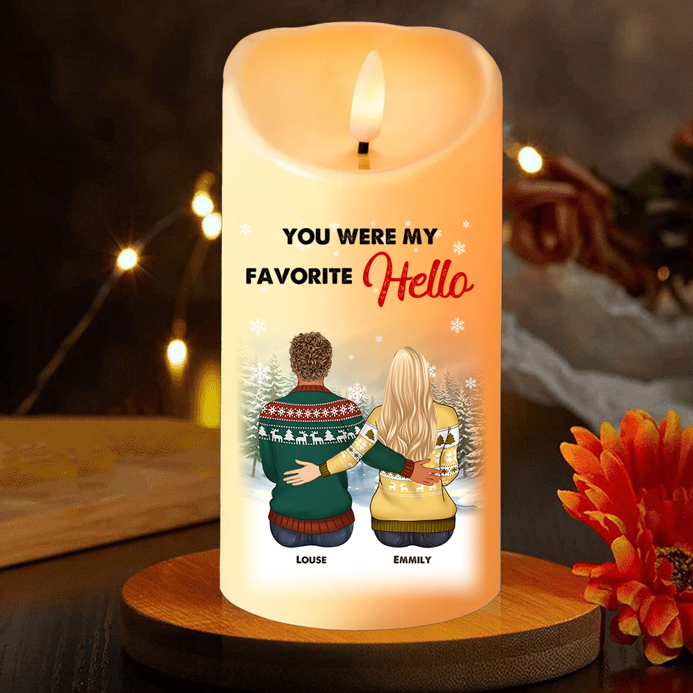 My Favorite Hello Custom Candle: Personalized photo LED candle glowing warmly.