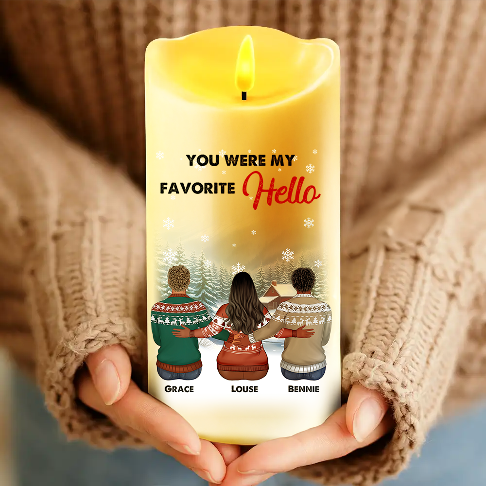 My Favorite Hello Custom Candle: Personalized photo LED candle glowing warmly.