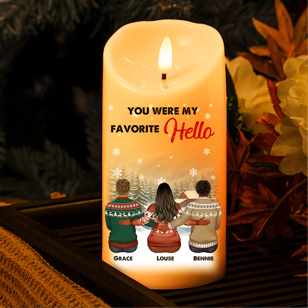 My Favorite Hello Custom Candle: Personalized photo LED candle glowing warmly.