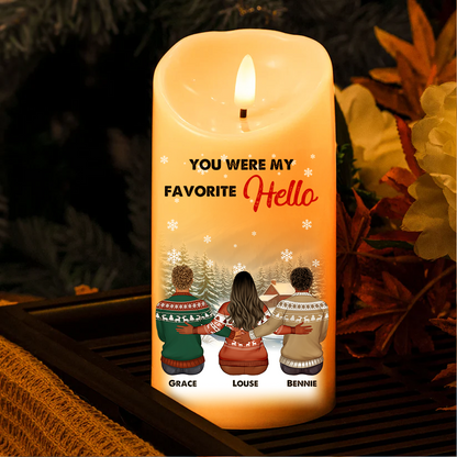 My Favorite Hello Custom Candle: Personalized photo LED candle glowing warmly.