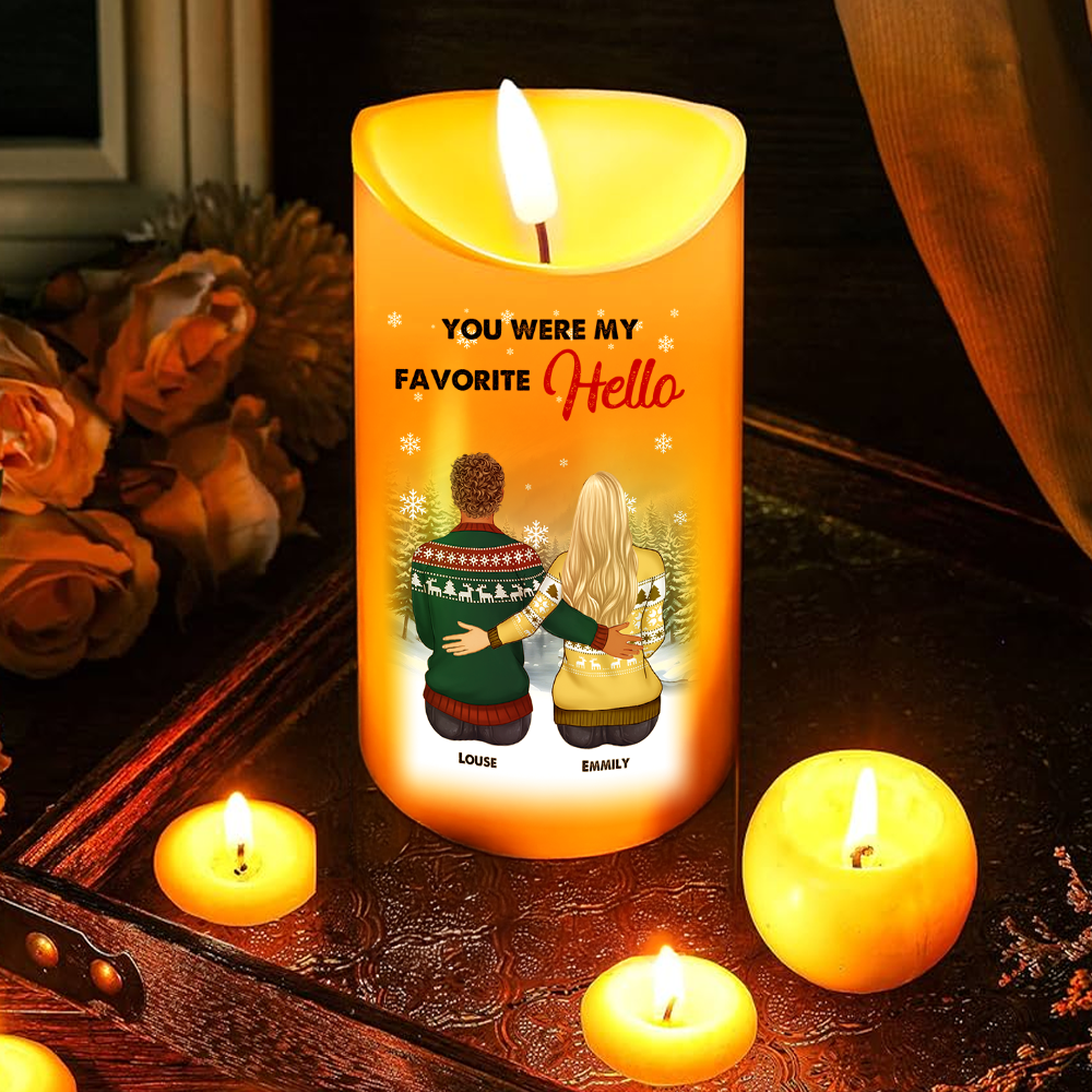 My Favorite Hello Custom Candle: Personalized photo LED candle glowing warmly.