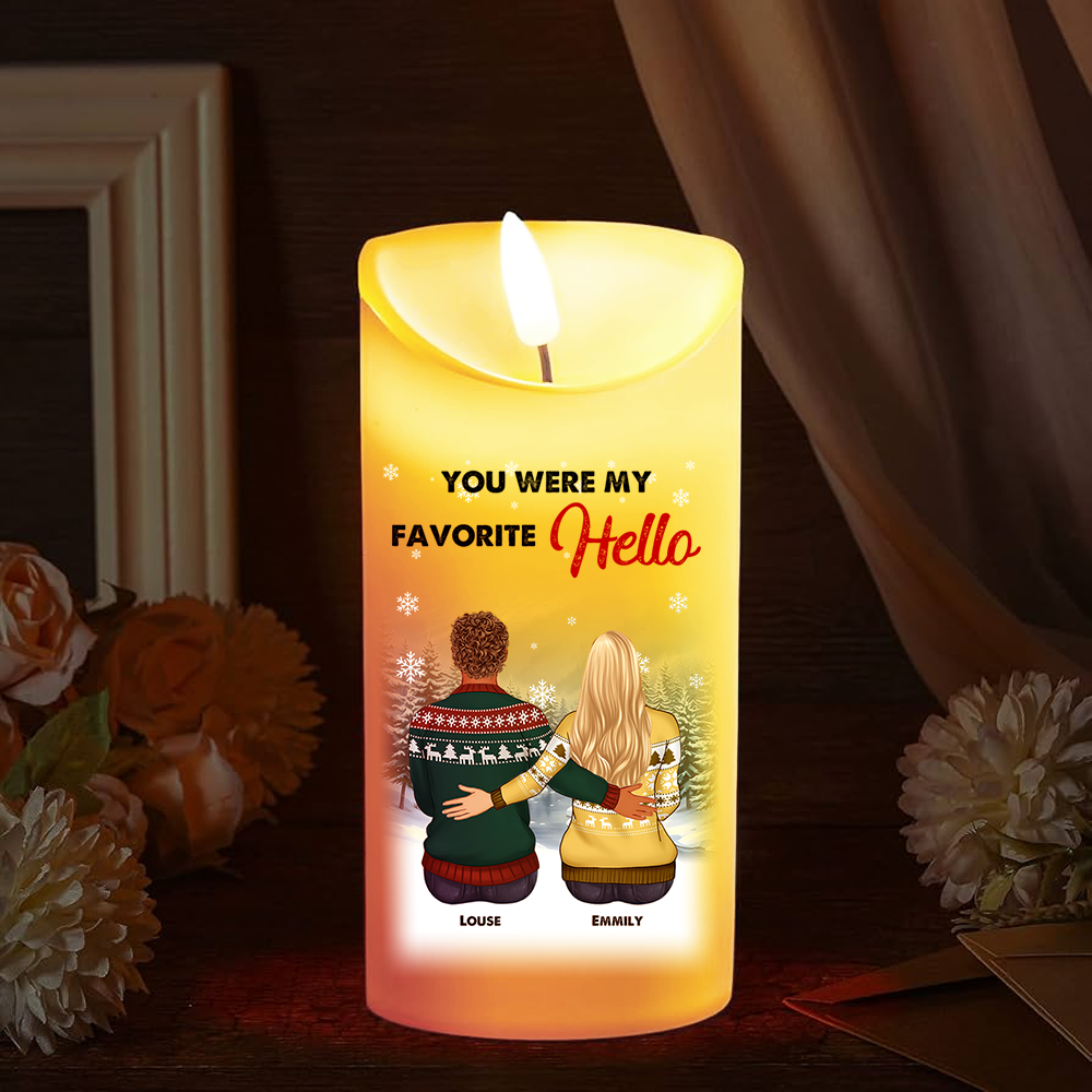 My Favorite Hello Custom Candle: Personalized photo LED candle glowing warmly.