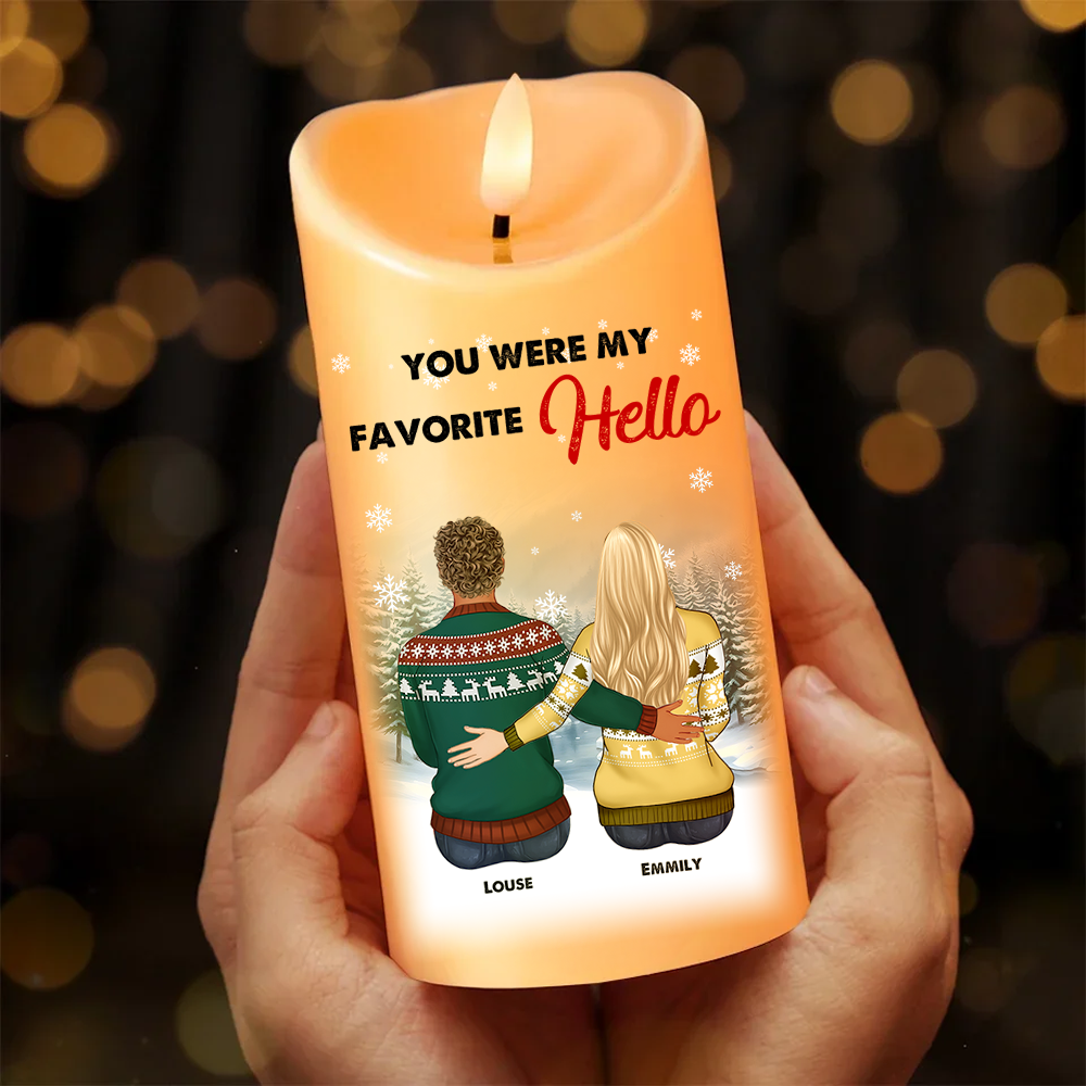 My Favorite Hello Custom Candle: Personalized photo LED candle glowing warmly.