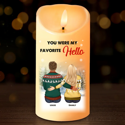My Favorite Hello Custom Candle: Personalized photo LED candle glowing warmly.