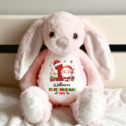My First Christmas plush bunny rabbit with festive red bow and embroidered details.