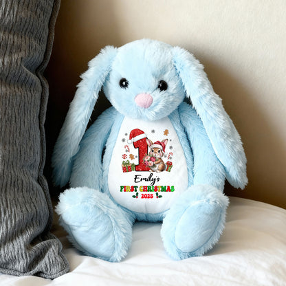 My First Christmas plush bunny rabbit with festive red bow and embroidered details.