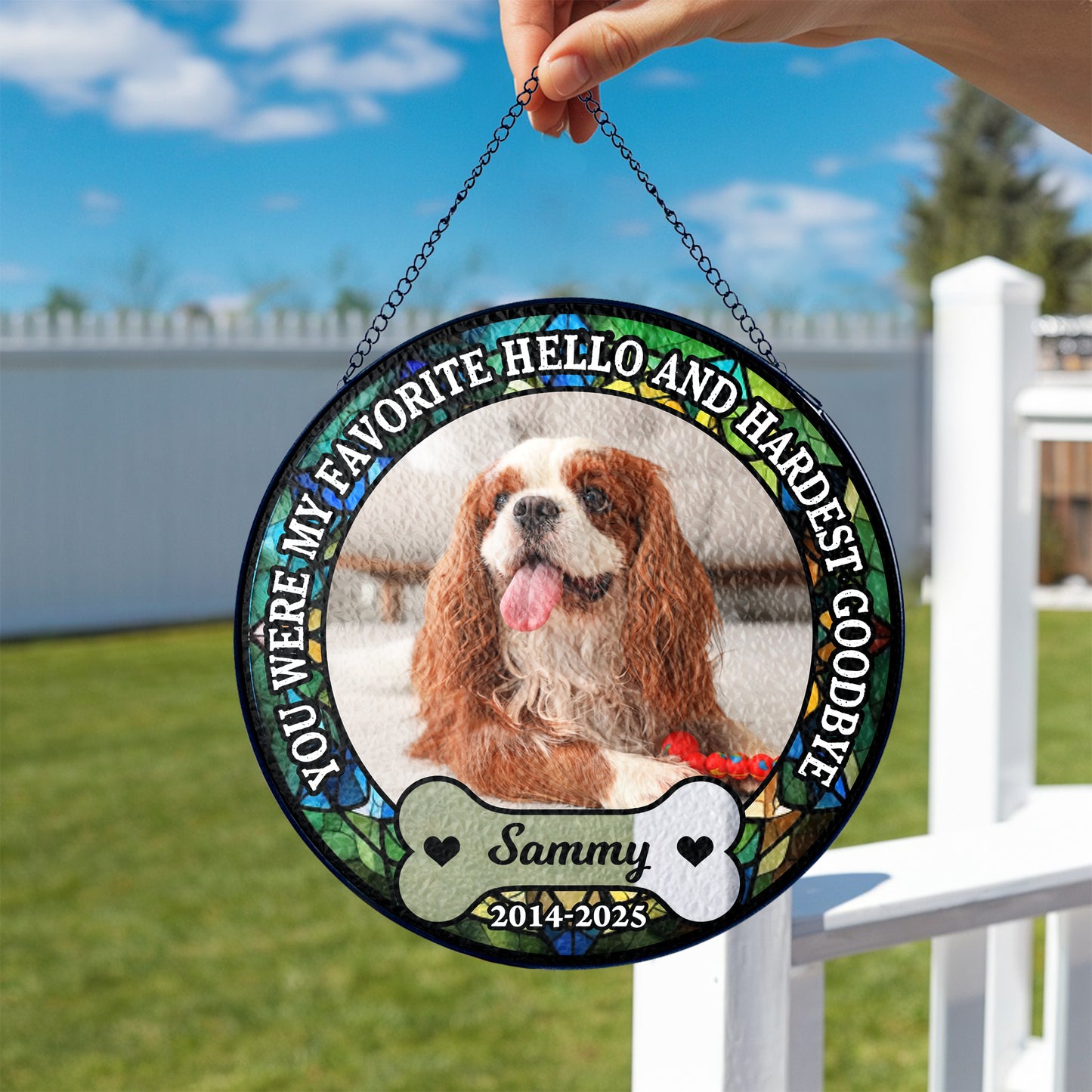 Personalized photo stained glass suncatcher: "My Hardest Goodbye" memorial window hanging.