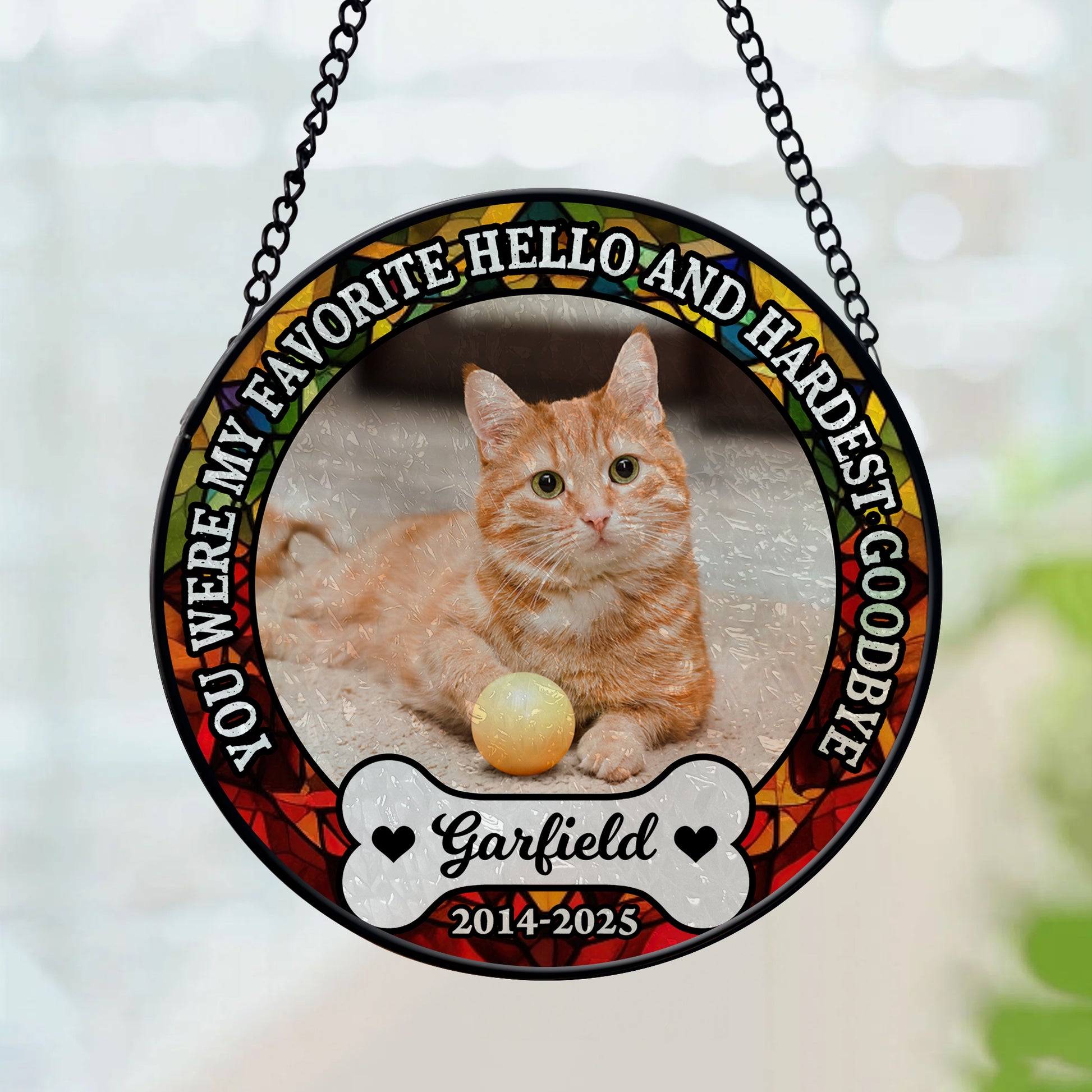 Personalized photo stained glass suncatcher: "My Hardest Goodbye" memorial window hanging.