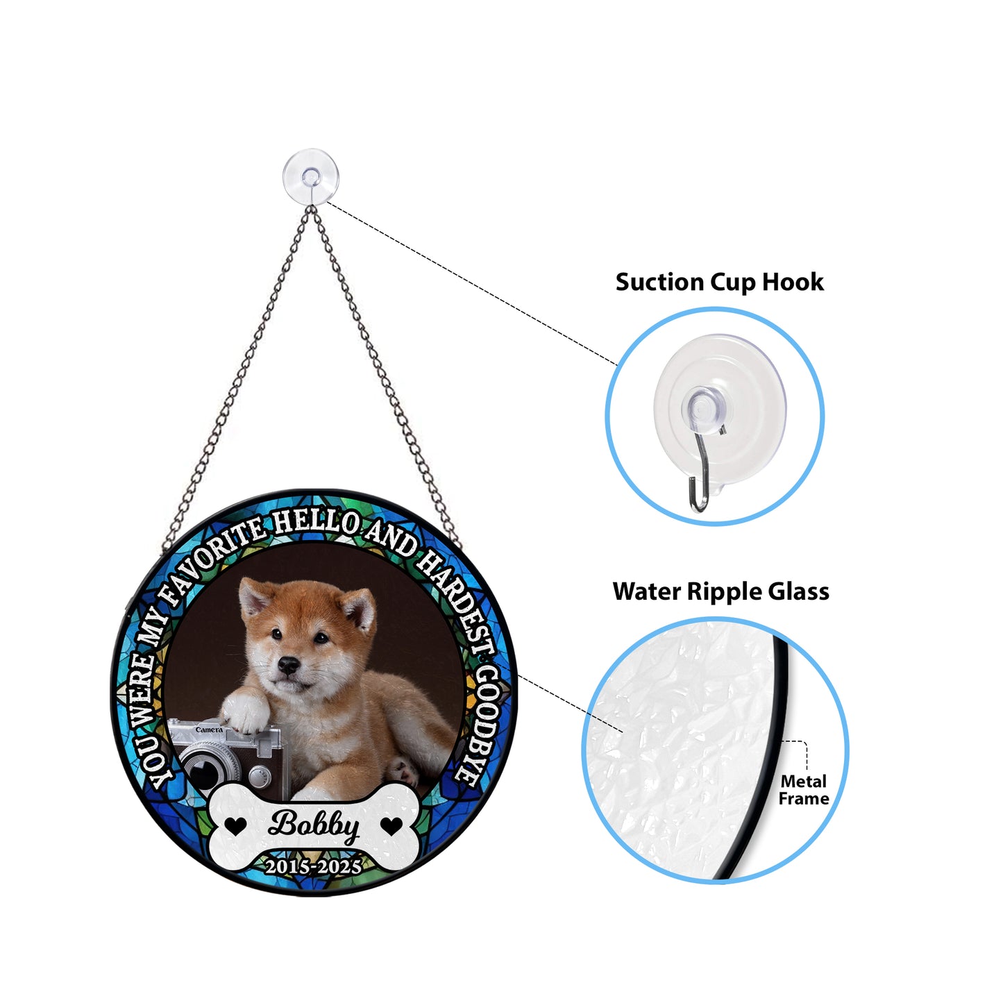 Personalized photo stained glass suncatcher: "My Hardest Goodbye" memorial window hanging.
