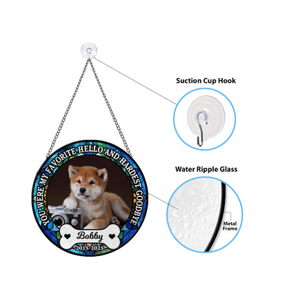 Personalized photo stained glass suncatcher: "My Hardest Goodbye" memorial window hanging.