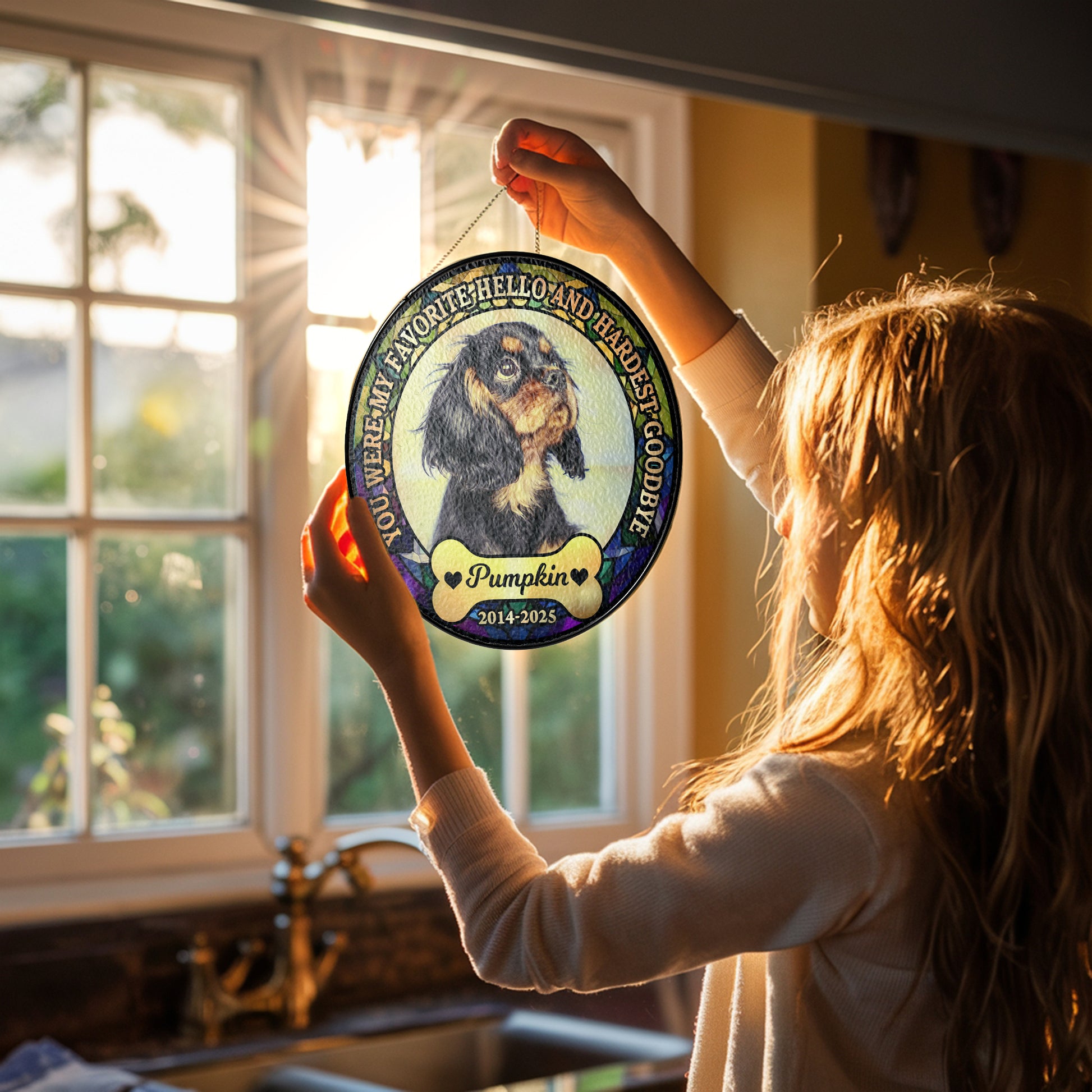 Personalized photo stained glass suncatcher: "My Hardest Goodbye" memorial window hanging.