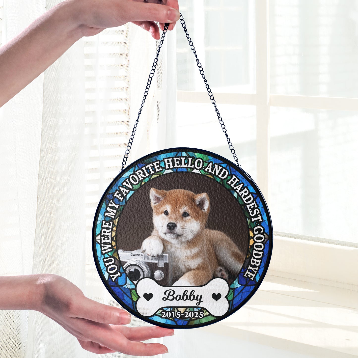 Personalized photo stained glass suncatcher: "My Hardest Goodbye" memorial window hanging.
