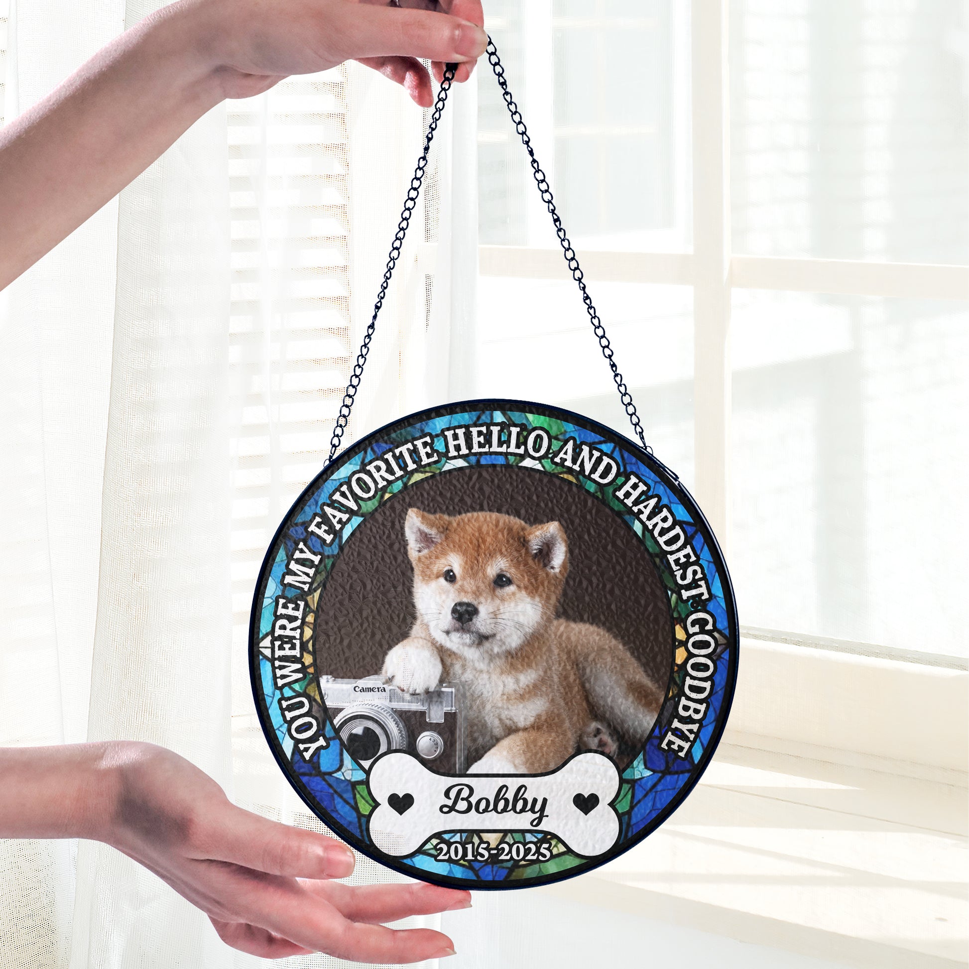 Personalized photo stained glass suncatcher: "My Hardest Goodbye" memorial window hanging.