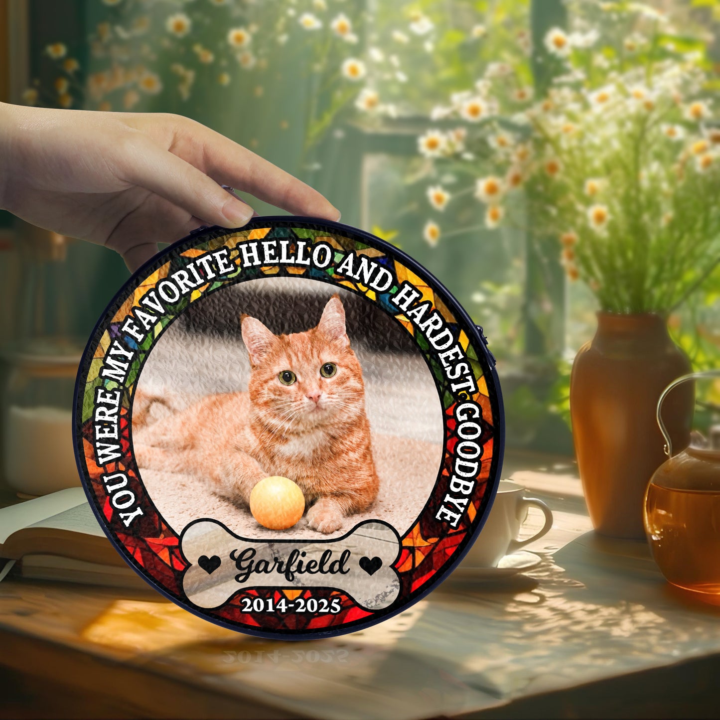 Personalized photo stained glass suncatcher: "My Hardest Goodbye" memorial window hanging.