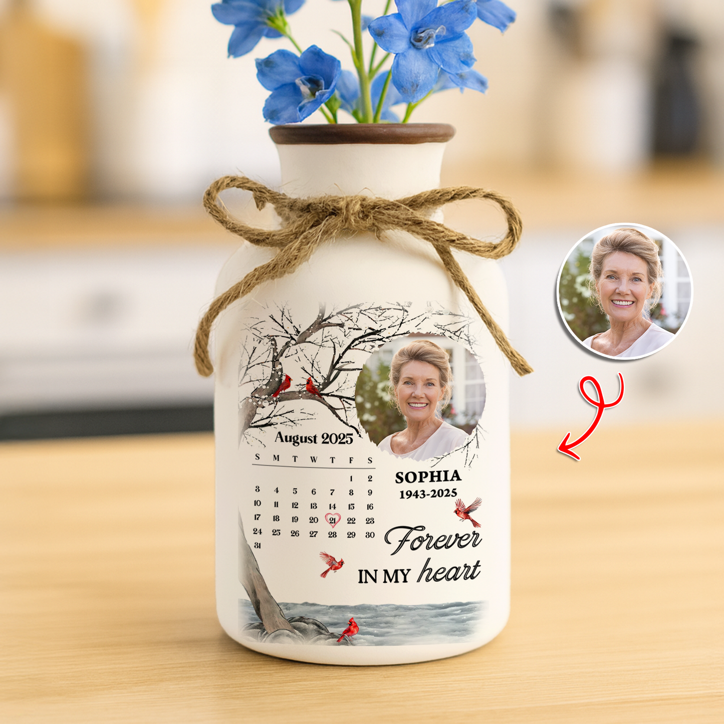 Personalized white ceramic flower vase with "My Heart Changed Forever" inscription.