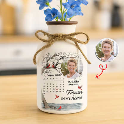 Personalized white ceramic flower vase with "My Heart Changed Forever" inscription.