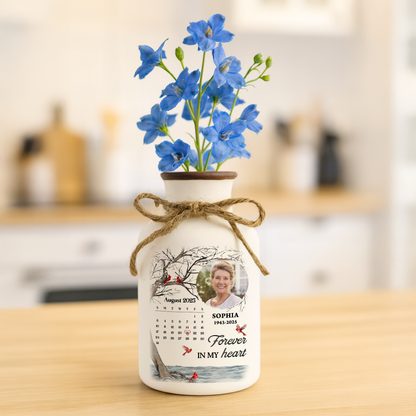 Personalized white ceramic flower vase with "My Heart Changed Forever" inscription.