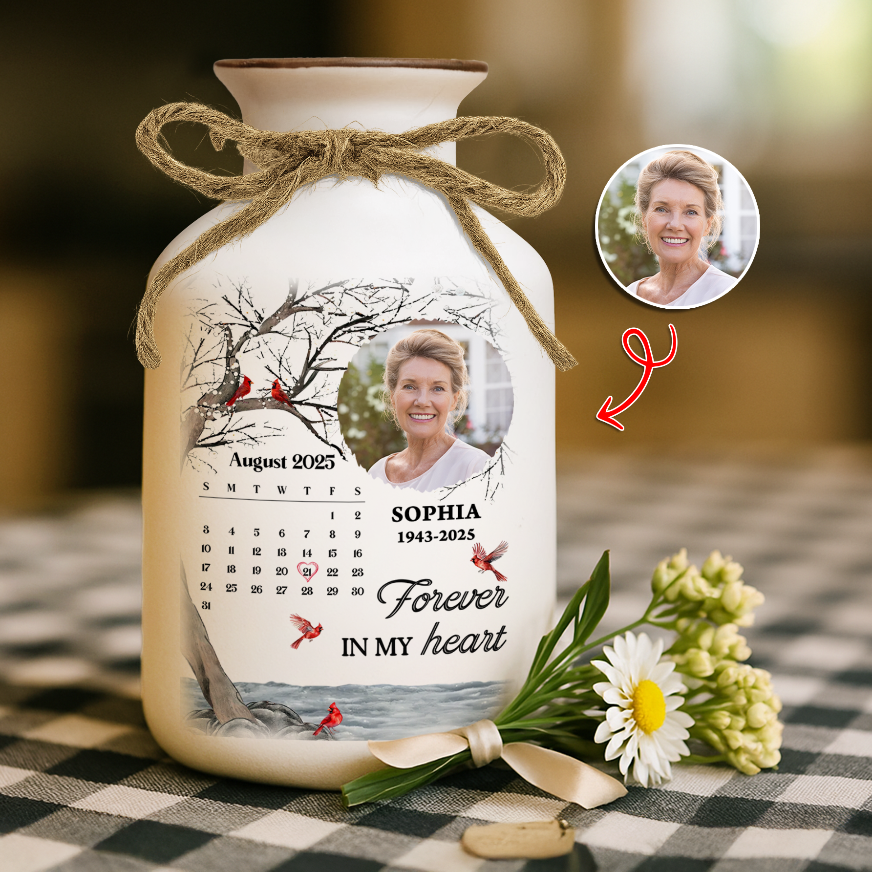 Personalized white ceramic flower vase with "My Heart Changed Forever" inscription.