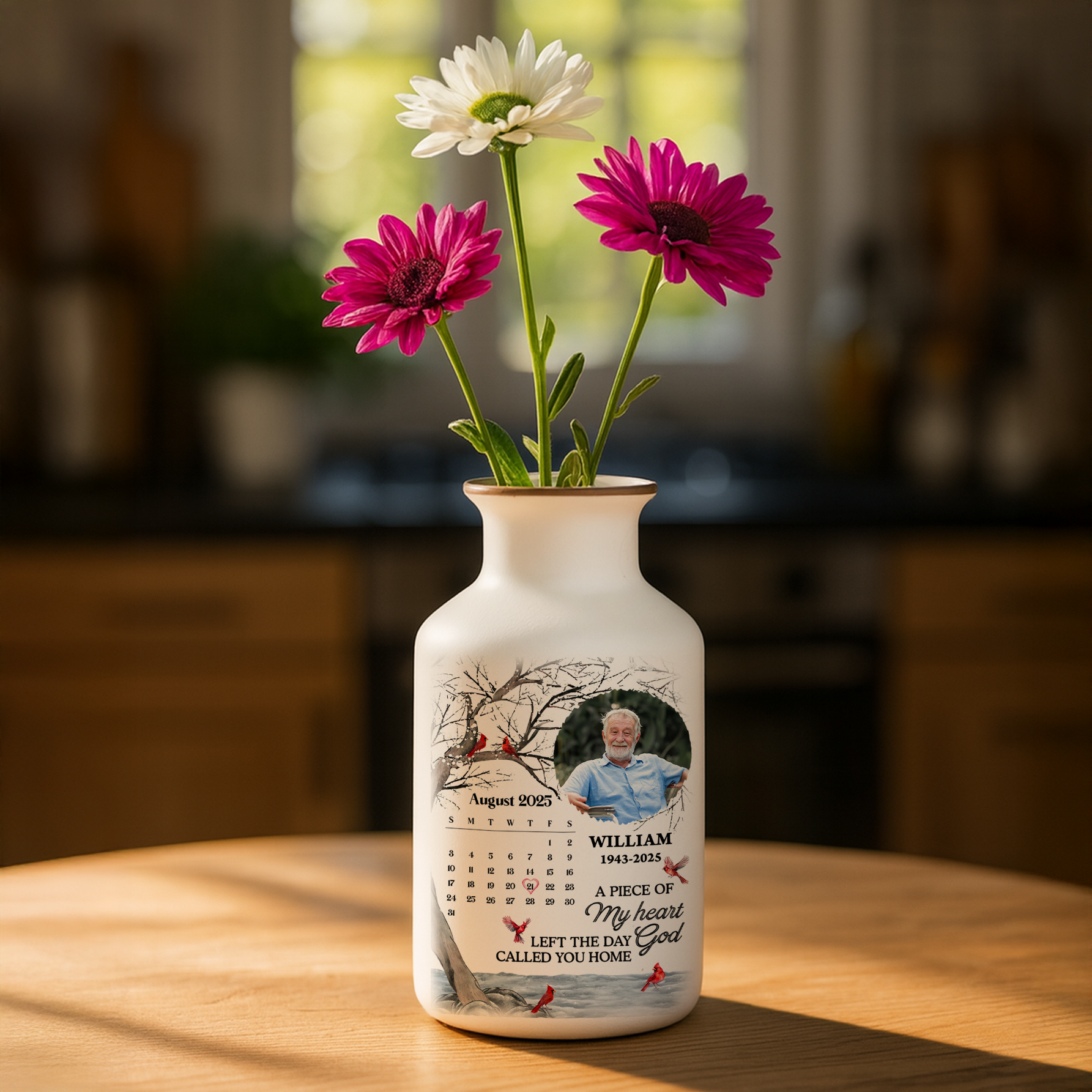 Personalized white ceramic flower vase with "My Heart Changed Forever" inscription.