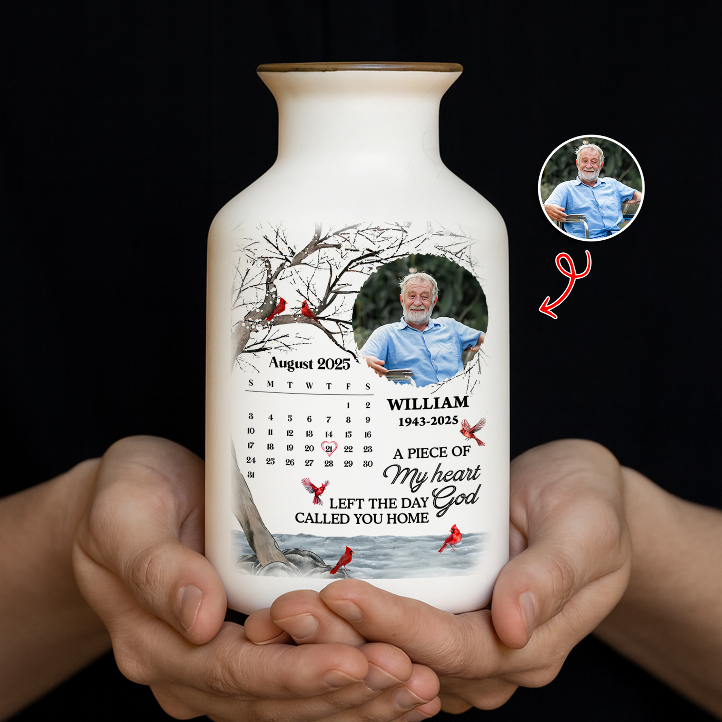 Personalized white ceramic flower vase with "My Heart Changed Forever" inscription.