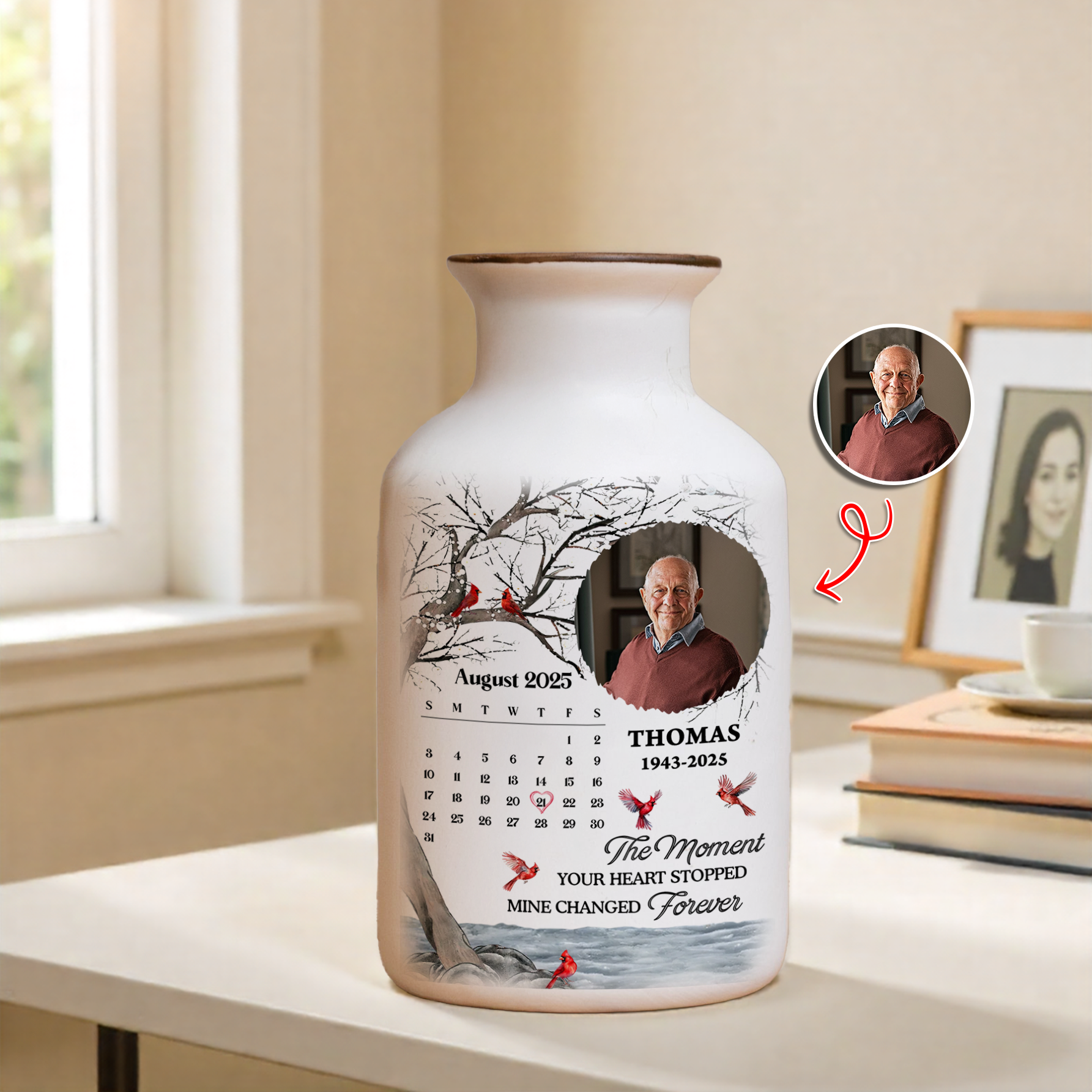 Personalized white ceramic flower vase with "My Heart Changed Forever" inscription.