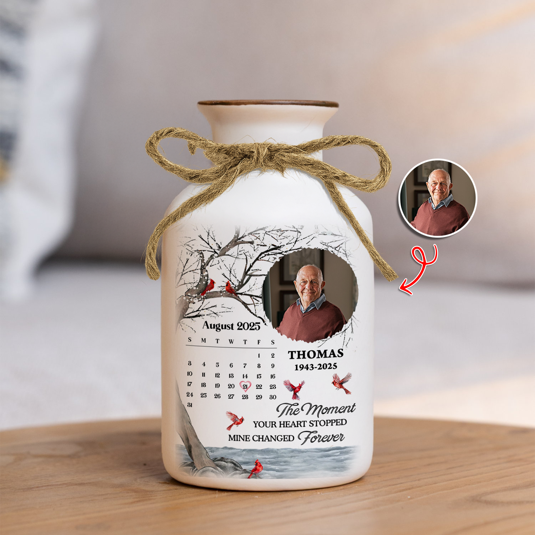 Personalized white ceramic flower vase with "My Heart Changed Forever" inscription.