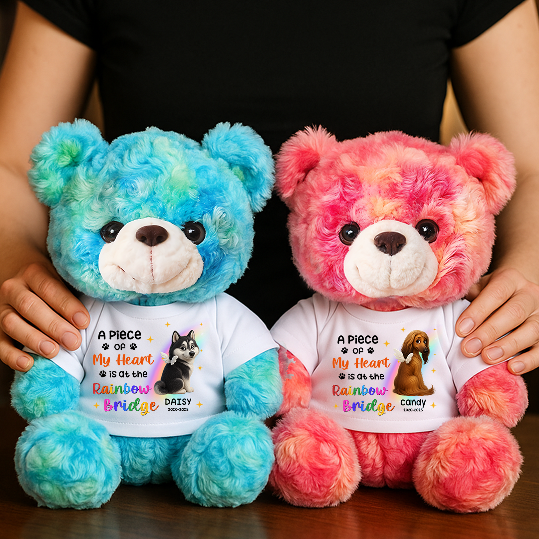 Personalized "My Heart is at Rainbow Bridge" Teddy Bear Plush - a comforting memorial gift for pet loss.