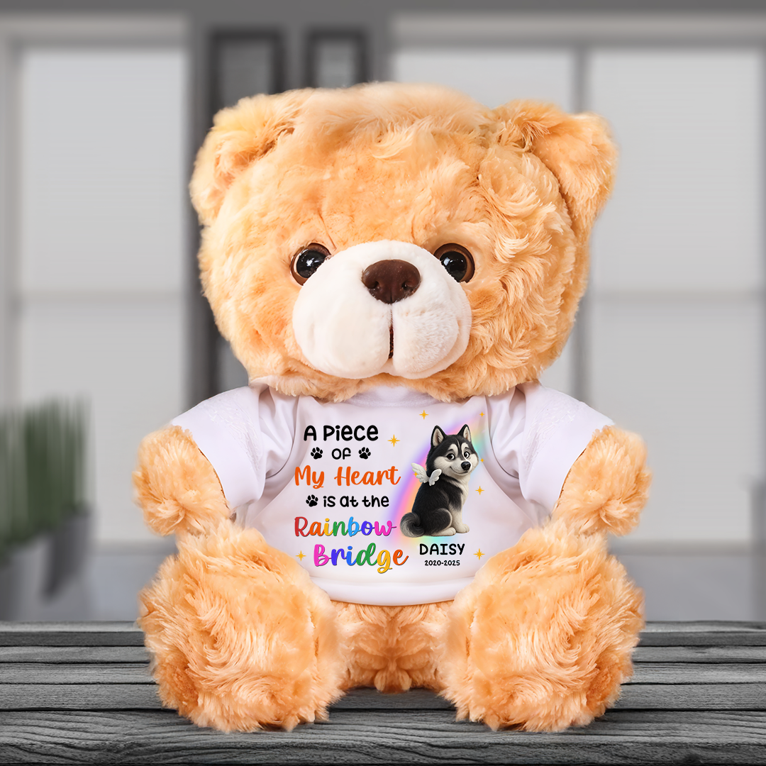Personalized "My Heart is at Rainbow Bridge" Teddy Bear Plush - a comforting memorial gift for pet loss.