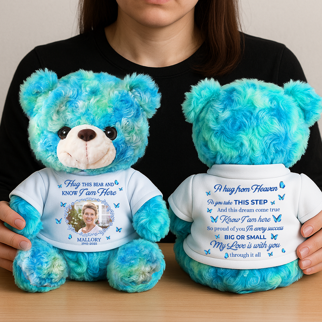 Personalized memorial teddy bear plush with custom text. A comforting bereavement gift to remember your loved one.