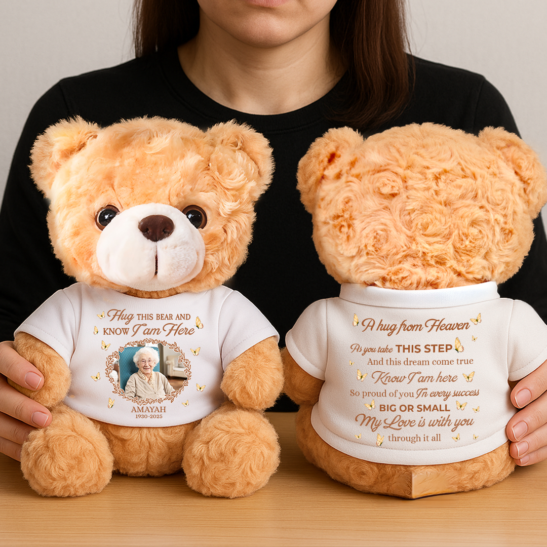 Personalized memorial teddy bear plush with custom text. A comforting bereavement gift to remember your loved one.