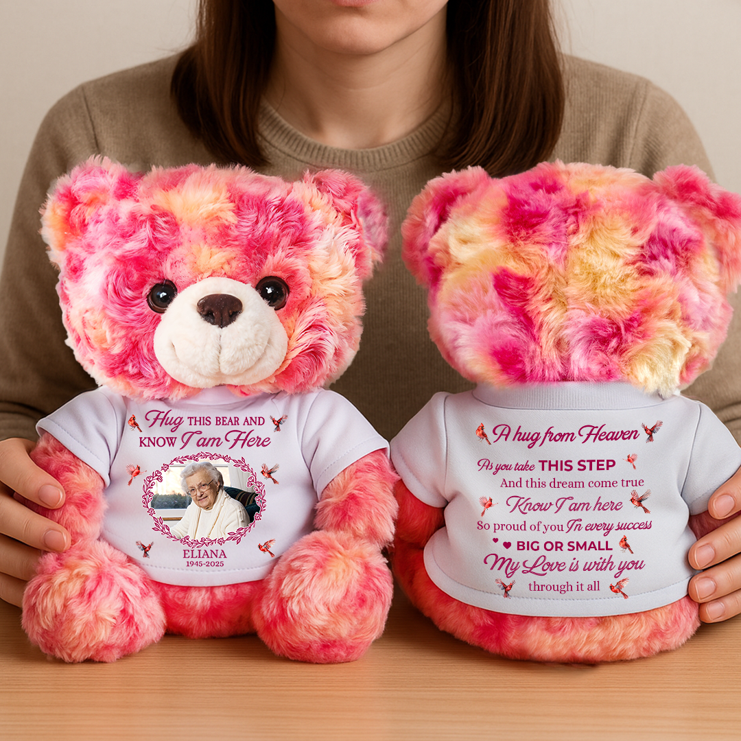 Personalized memorial teddy bear plush with custom text. A comforting bereavement gift to remember your loved one.