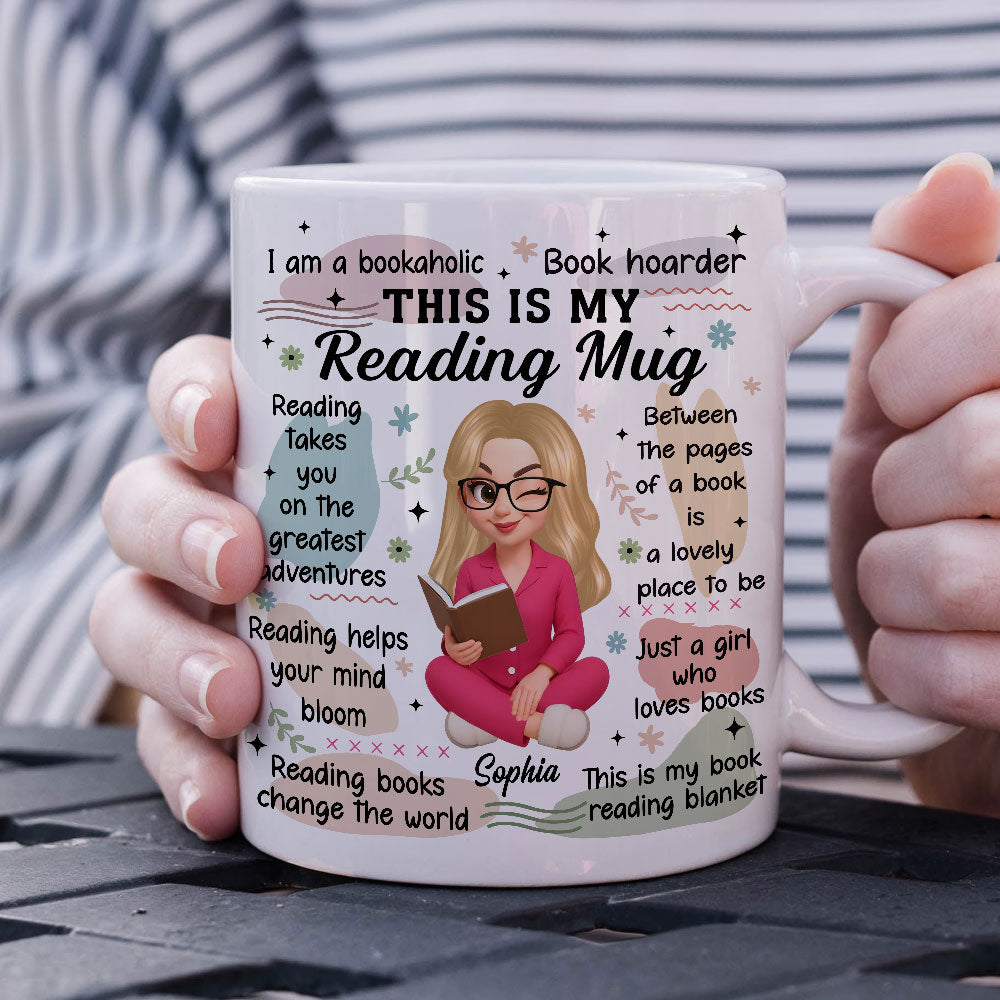 Personalized "My Reading Mug" white custom coffee mug with a book graphic.
