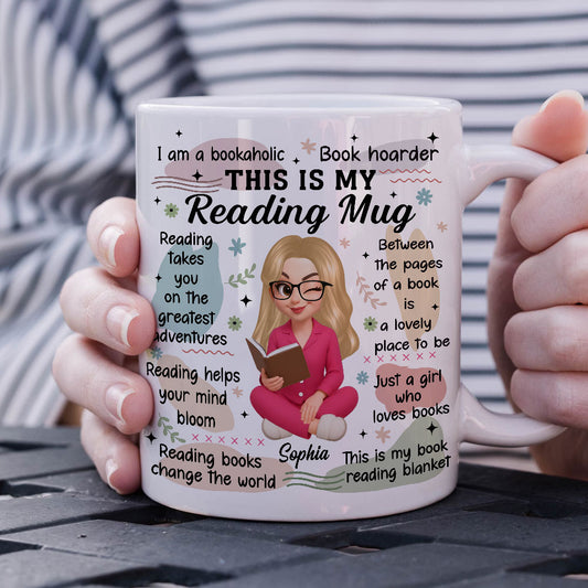 Personalized "My Reading Mug" white custom coffee mug with a book graphic.