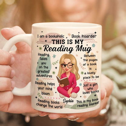Personalized "My Reading Mug" white custom coffee mug with a book graphic.