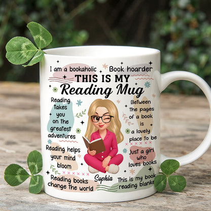 Personalized "My Reading Mug" white custom coffee mug with a book graphic.