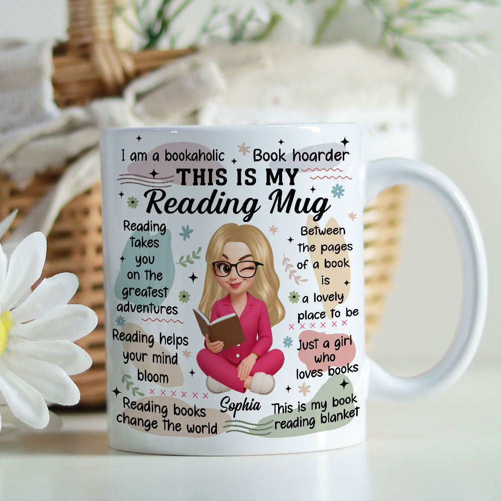 Personalized "My Reading Mug" white custom coffee mug with a book graphic.