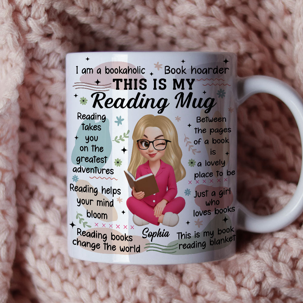 Personalized "My Reading Mug" white custom coffee mug with a book graphic.
