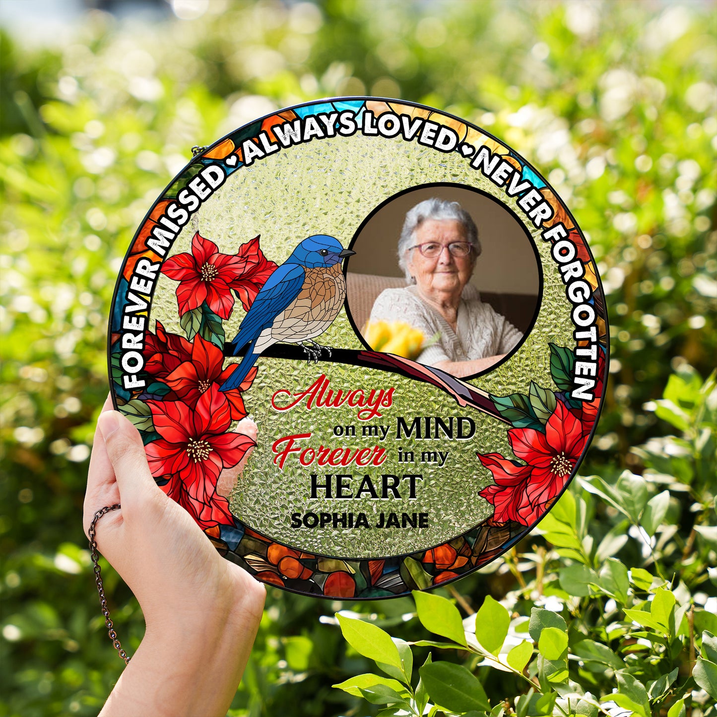 Personalized photo stained glass suncatcher, "Never Forgotten" memorial window hanging.