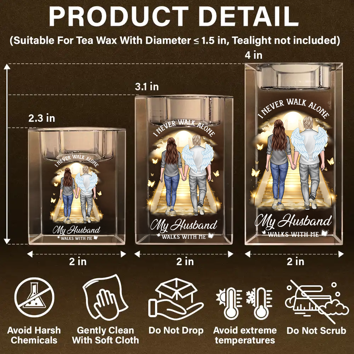 Personalized crystal candle holder with "Never Walk Alone" engraving, shimmering beautifully.