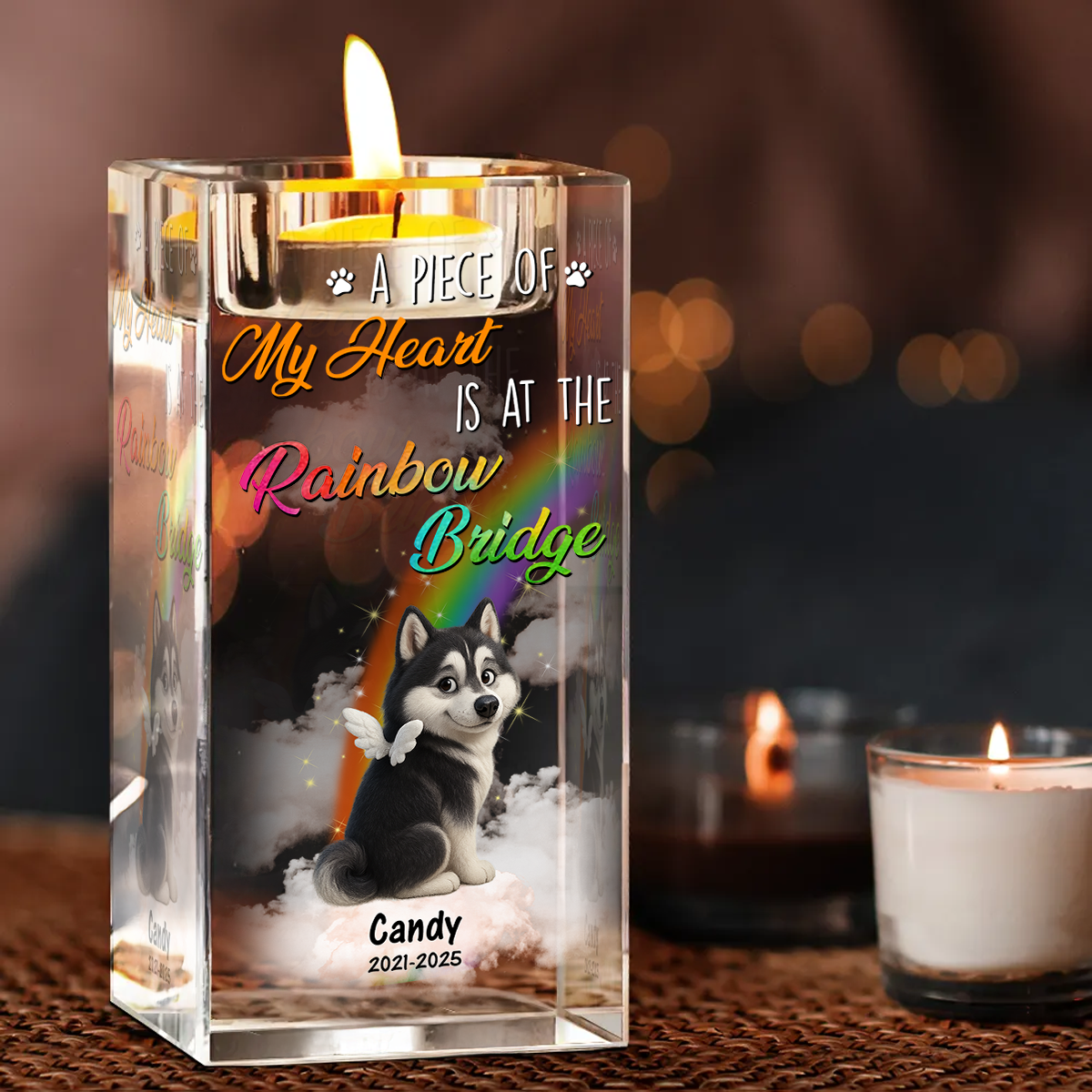 Personalized crystal candle holder with "Our thoughts are with you" engraving, a pet memorial gift.