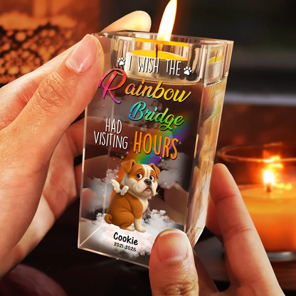 Personalized crystal candle holder with "Our thoughts are with you" engraving, a pet memorial gift.