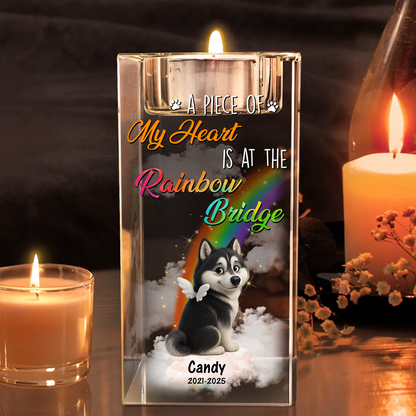 Personalized crystal candle holder with "Our thoughts are with you" engraving, a pet memorial gift.