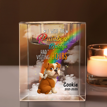 Personalized crystal candle holder with "Our thoughts are with you" engraving, a pet memorial gift.