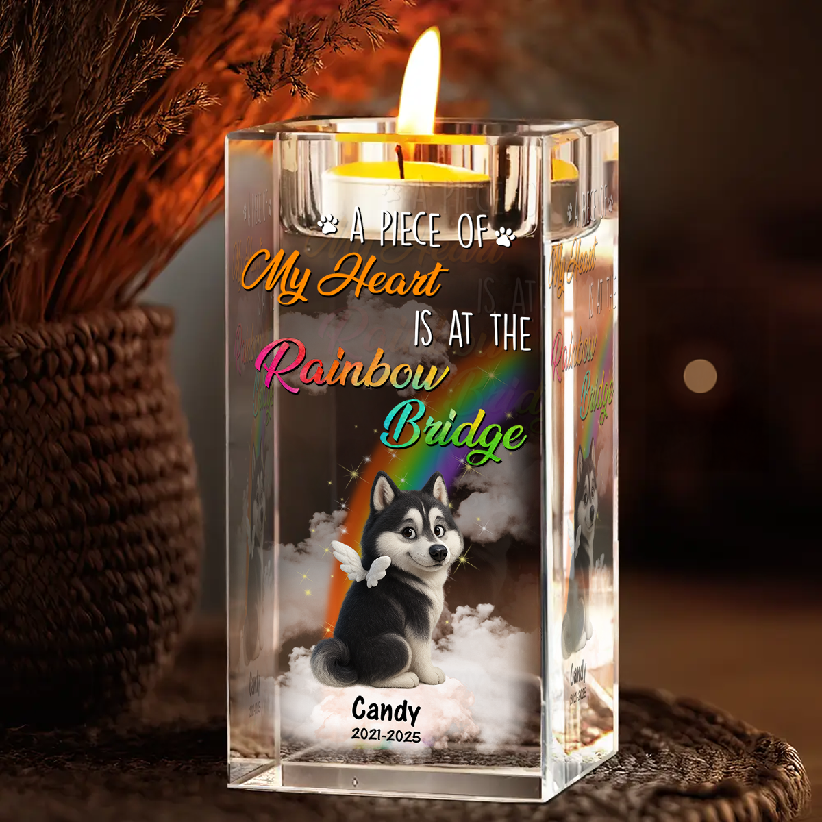 Personalized crystal candle holder with "Our thoughts are with you" engraving, a pet memorial gift.