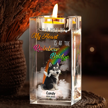 Personalized crystal candle holder with "Our thoughts are with you" engraving, a pet memorial gift.