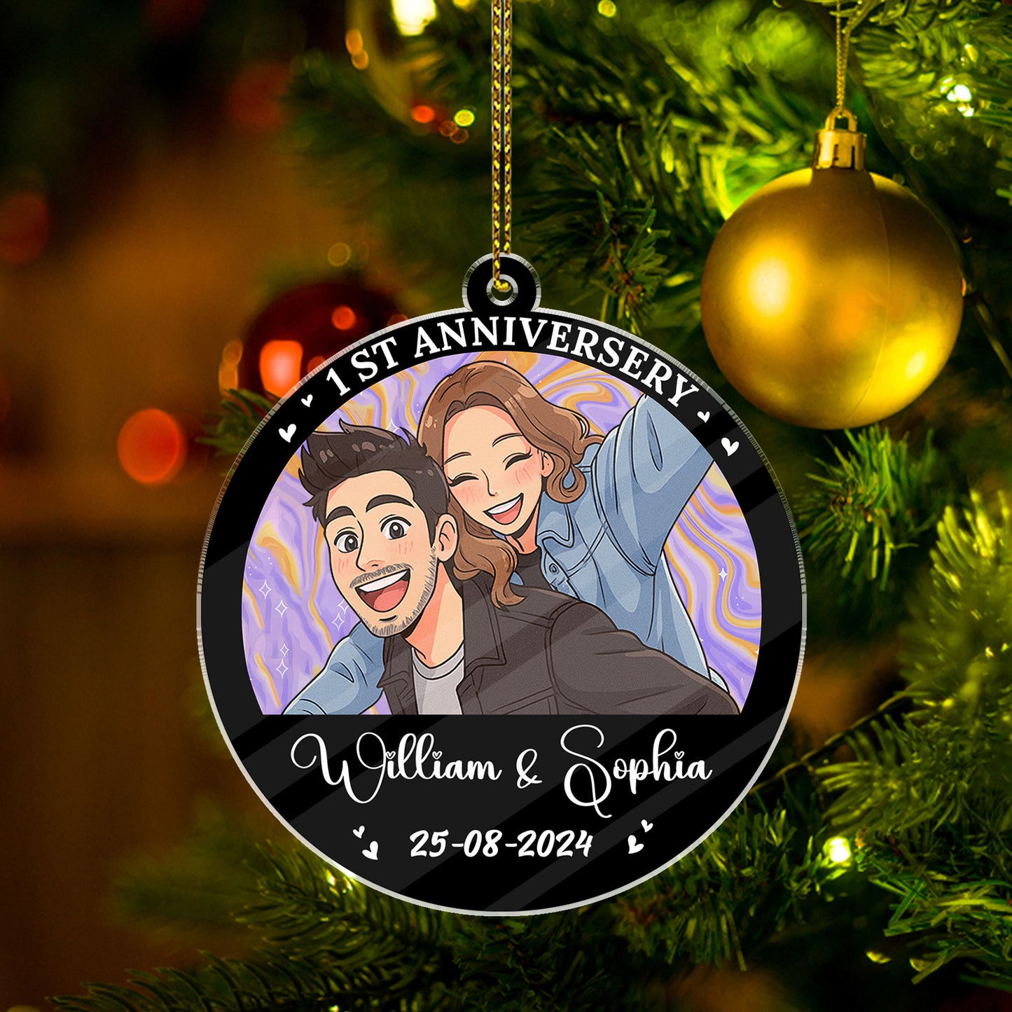 Personalized "Our Christmas Together" acrylic ornament featuring custom names and festive design.