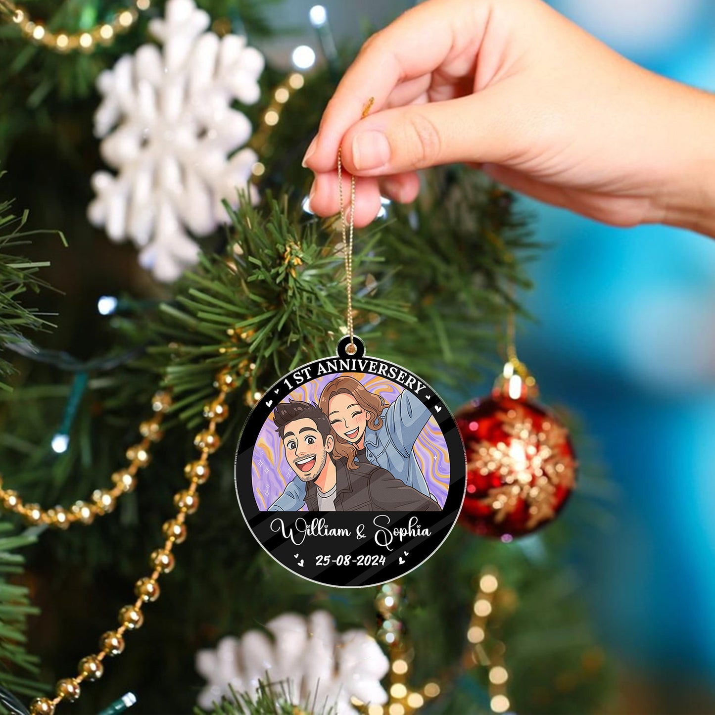 Personalized "Our Christmas Together" acrylic ornament featuring custom names and festive design.