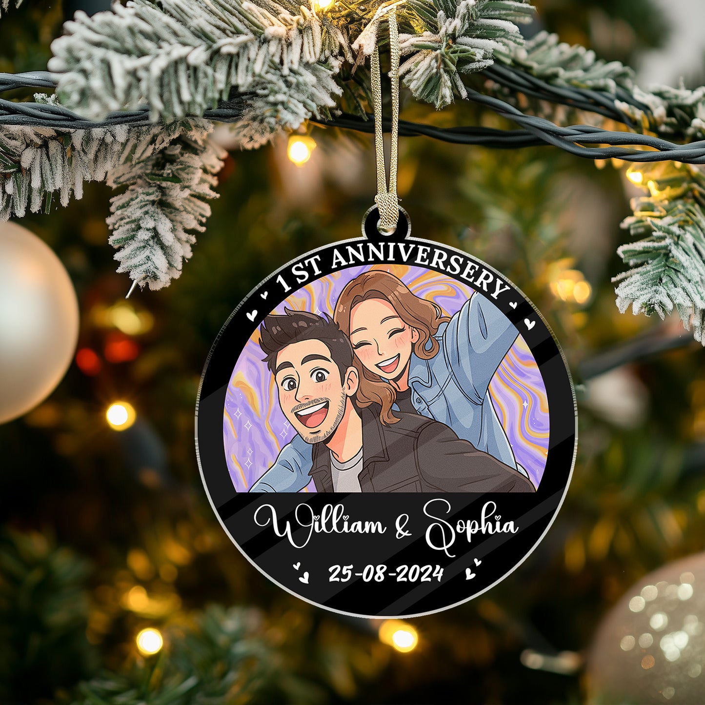 Personalized "Our Christmas Together" acrylic ornament featuring custom names and festive design.