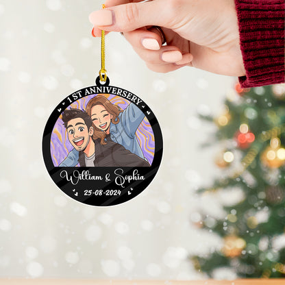 Personalized "Our Christmas Together" acrylic ornament featuring custom names and festive design.